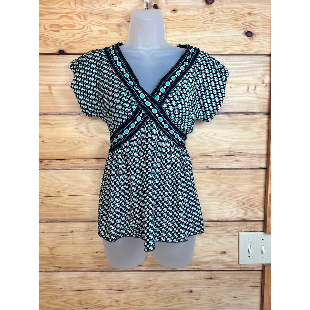 Max Studio Mesh Empire Waist Top Geo Print Blouse Teal Green Small‎ Vintage Baby